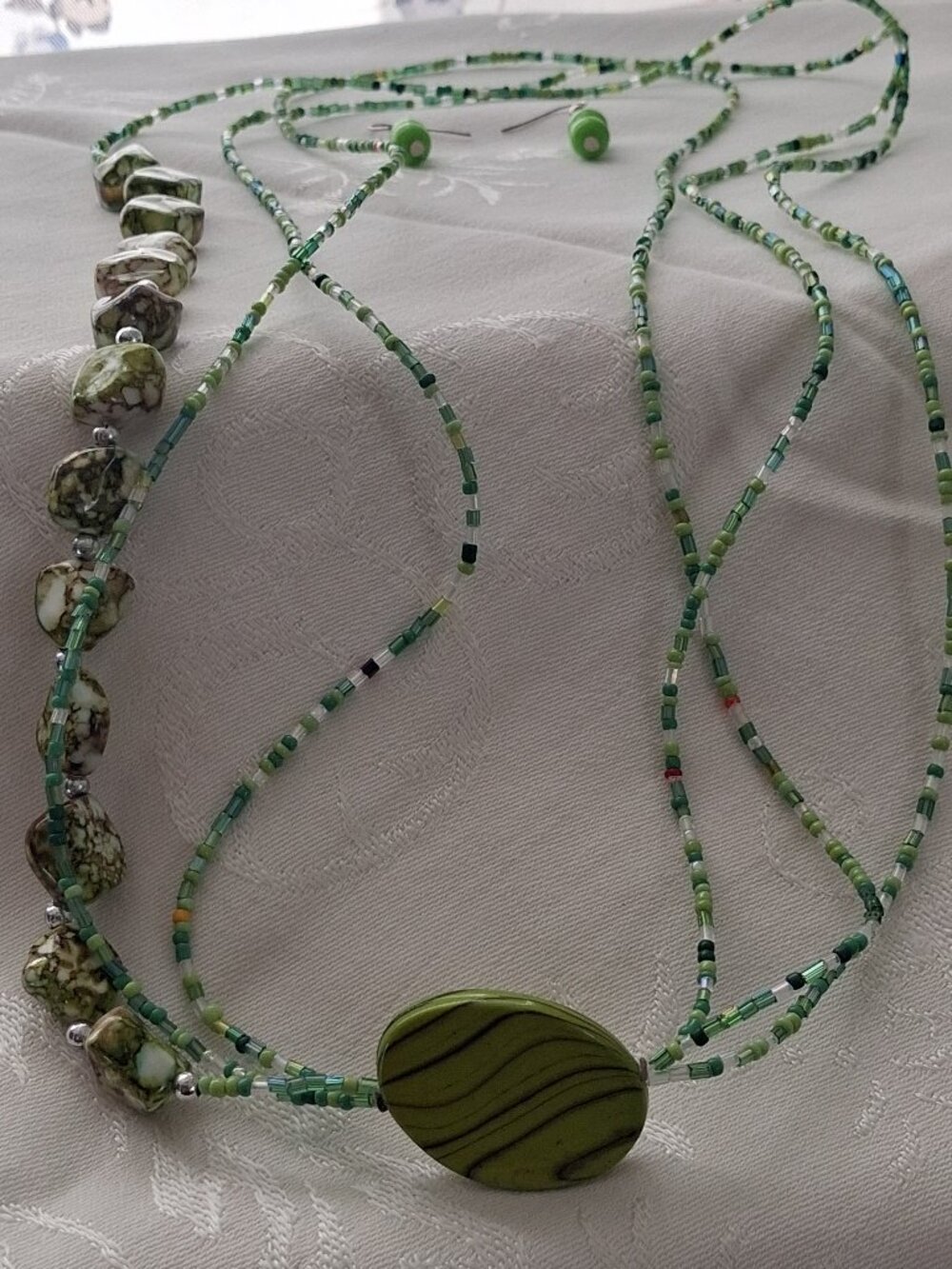 Green Multi-Strand Beaded Necklace & Earrings Set Boho Artisan Style